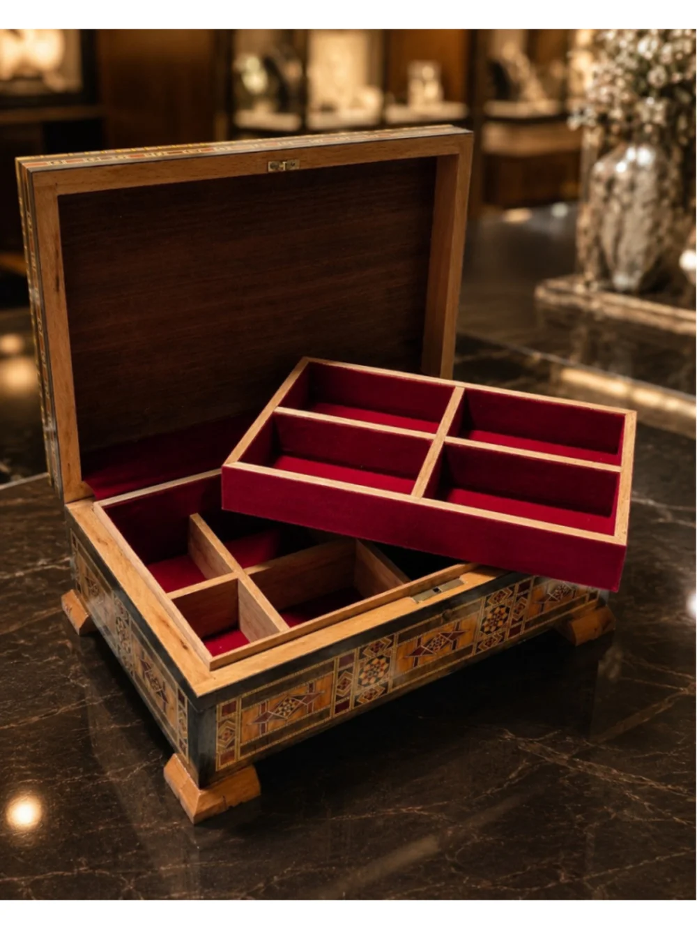 Luxury Handmade Mosaic Jewelry Box Double Layer Mother of Pearl Inlay 30x20cm
